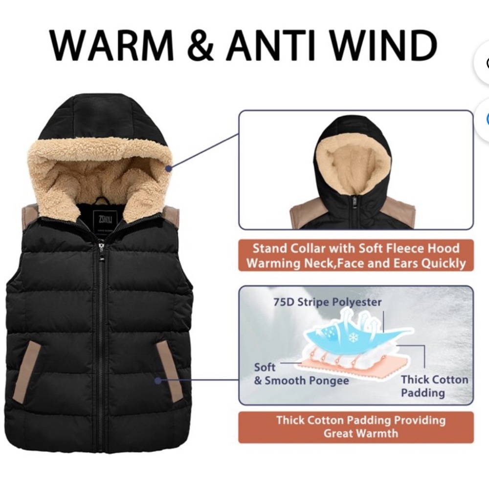 ZSHOW Women’s Warm Puffer Vest Thick Padded Fleece Lined WinterJacket with Hoodi - Picture 4 of 11